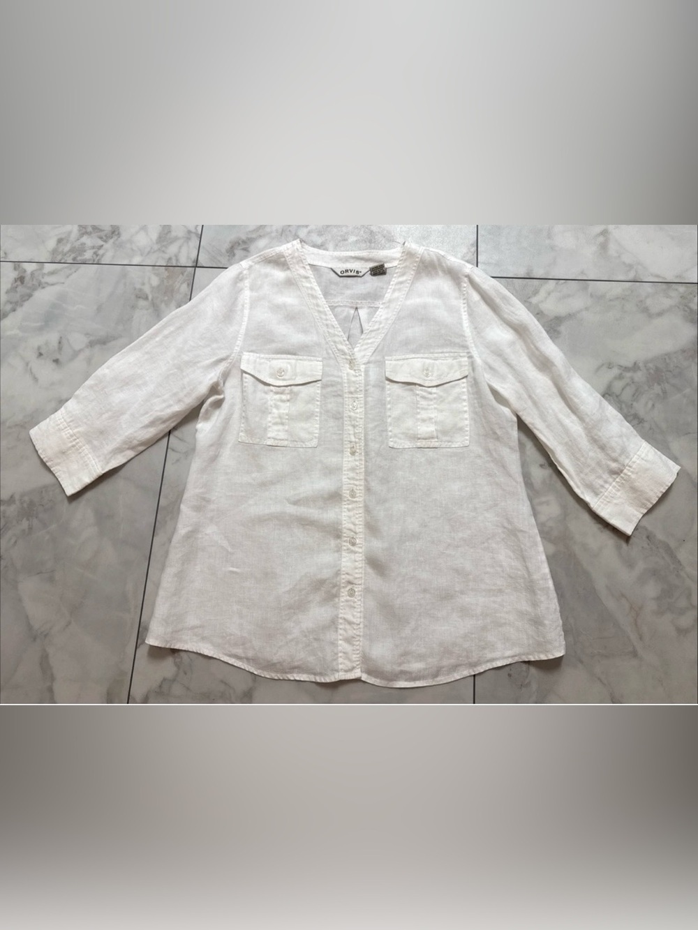 Orvis 100% Linen Shirt Womens M 10-12 White Button Down V-neck Tunic 3/4 Sleeve
